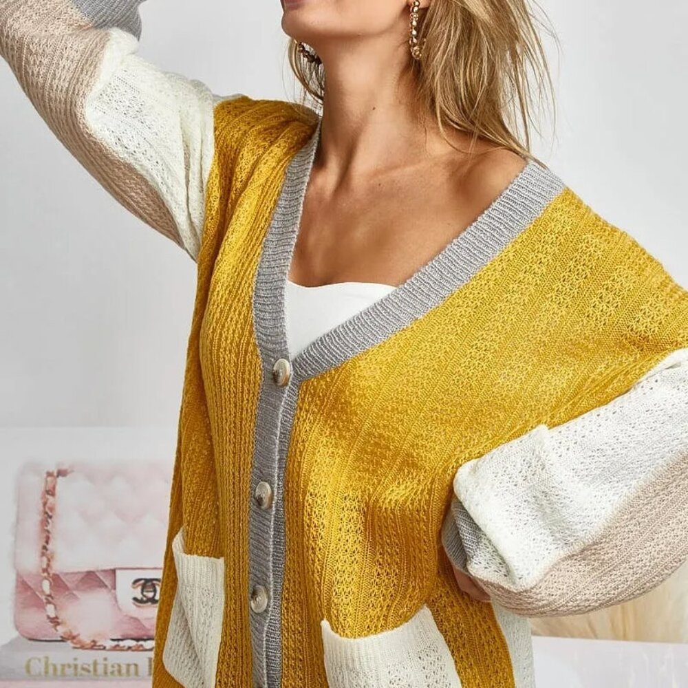 BiBi Color Block Sweater Cardigan with Button Closure‎ - Picture 2 of 3